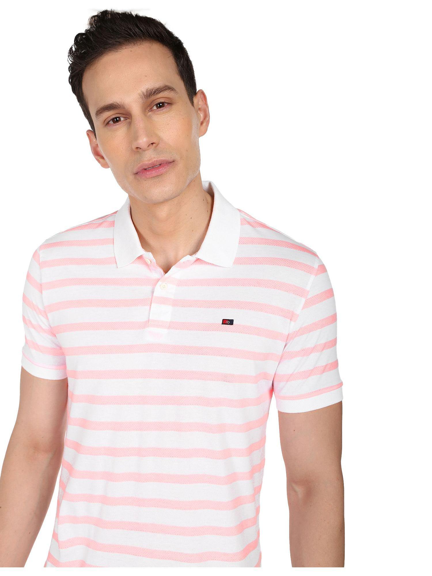 men pink cotton horizontal striped polo shirt