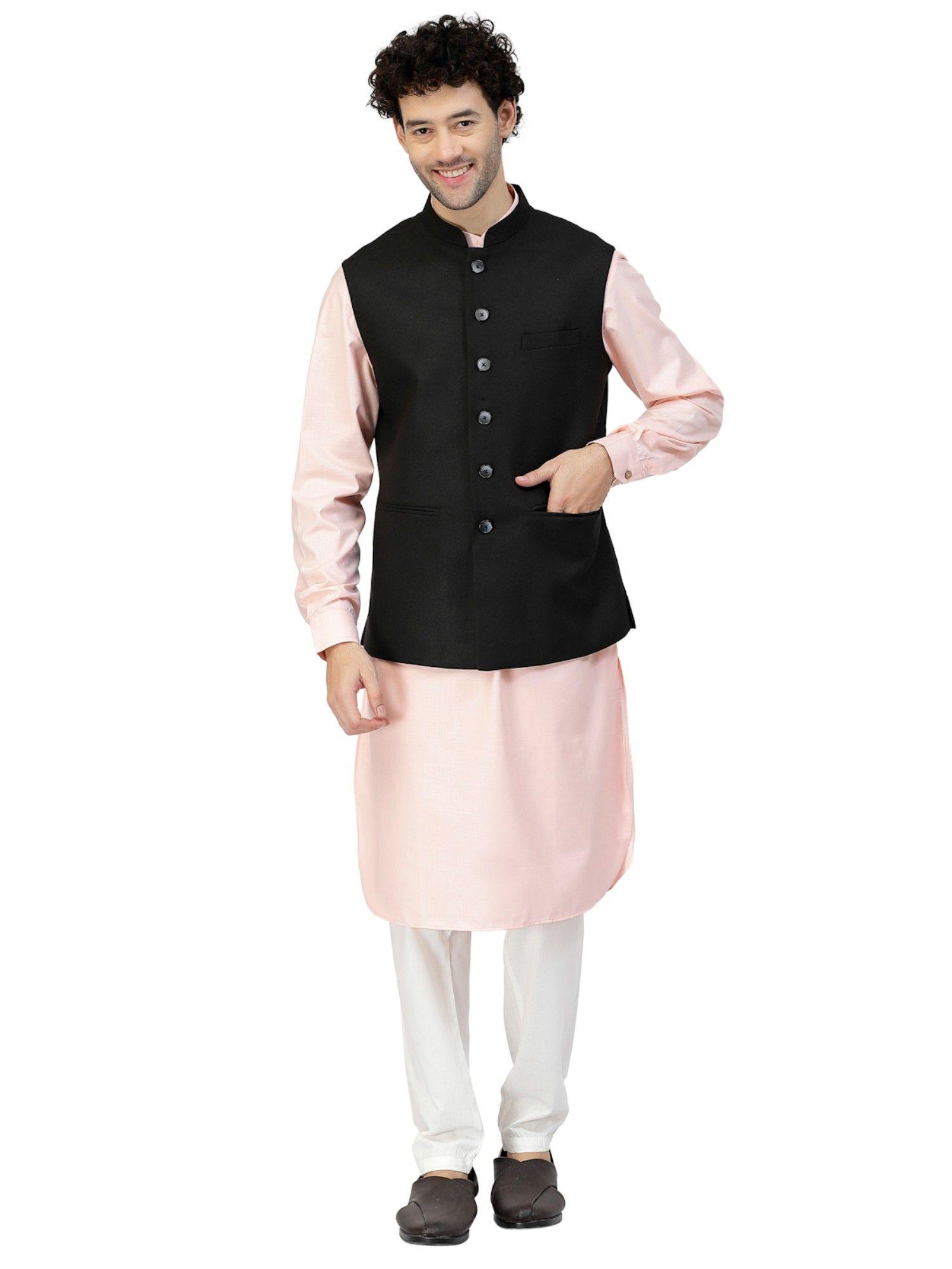men pink cotton jute woven kurta with nehru jacket (set of 3)