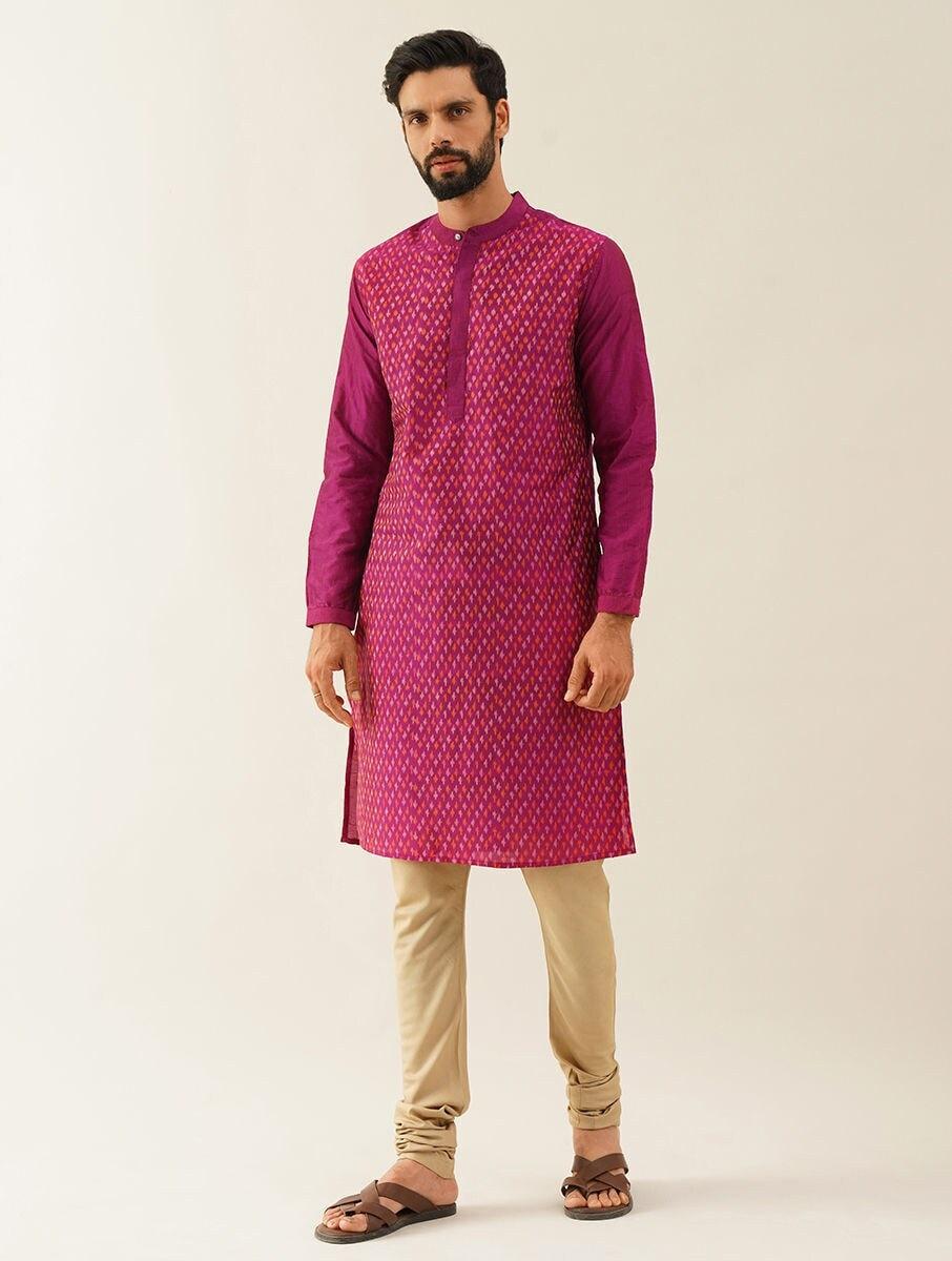 men pink cotton self design mandarin collar regular fit kurta