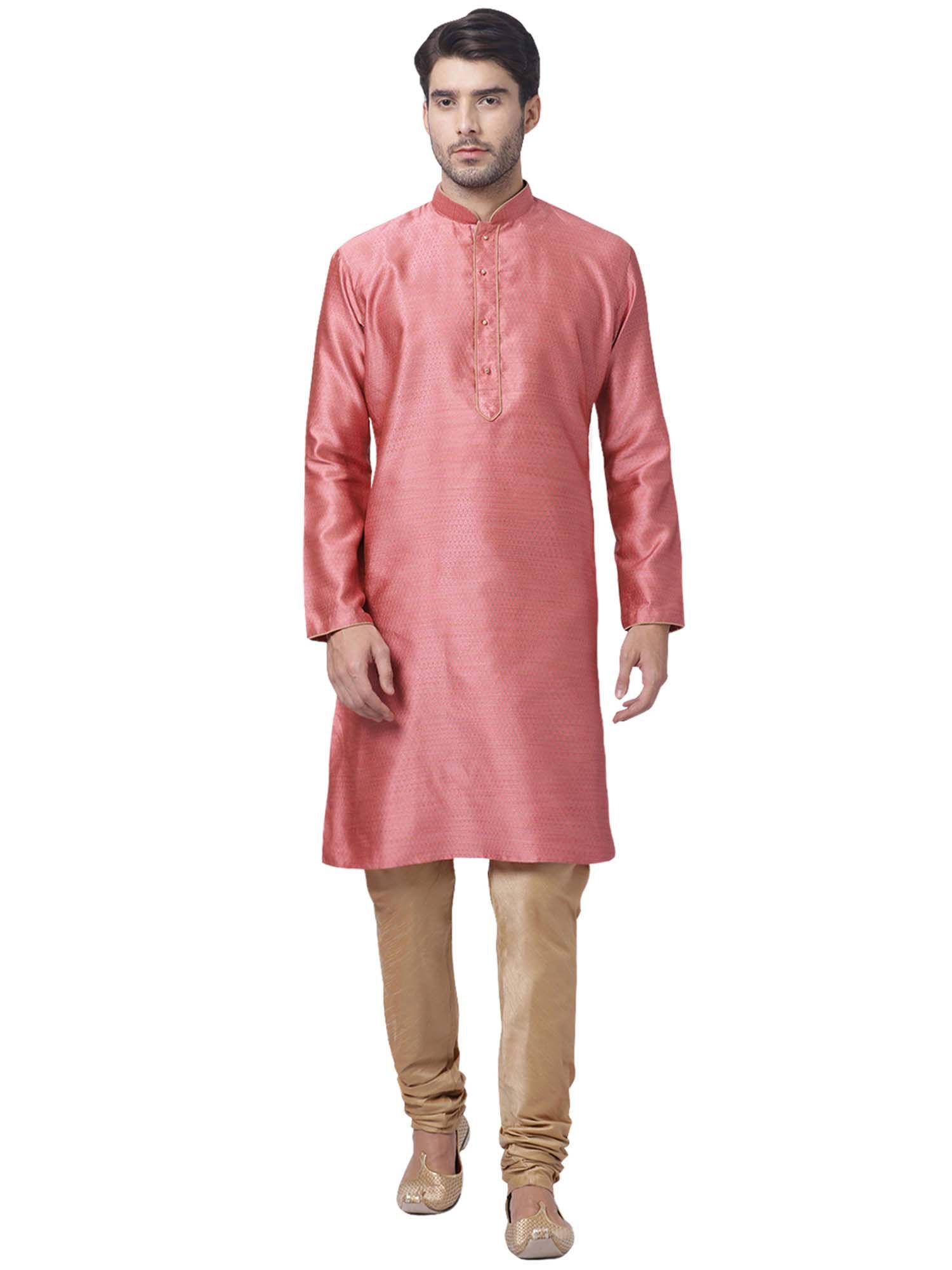 men pink cotton silk kurta pyjama (set of 2)