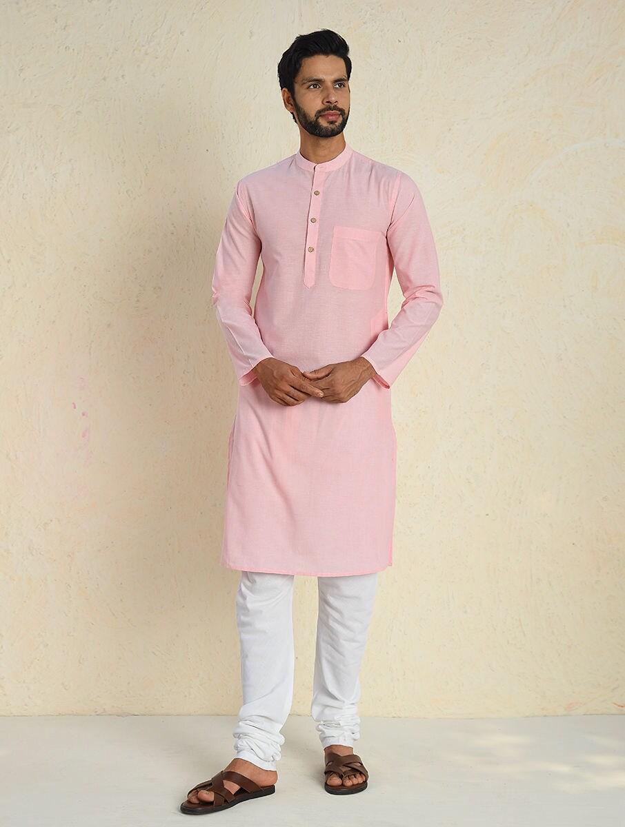 men pink cotton solid mandarin collar regular fit kurta