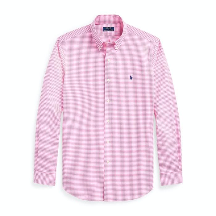men pink custom fit plaid stretch poplin shirt