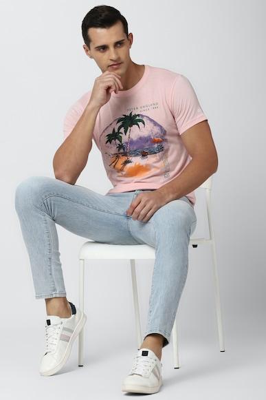 men pink graphic print crew neck round neck t-shirts