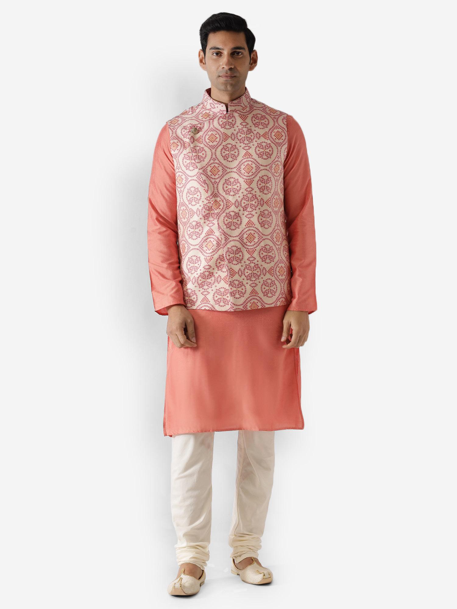 men pink kurta jacket (set of 3)