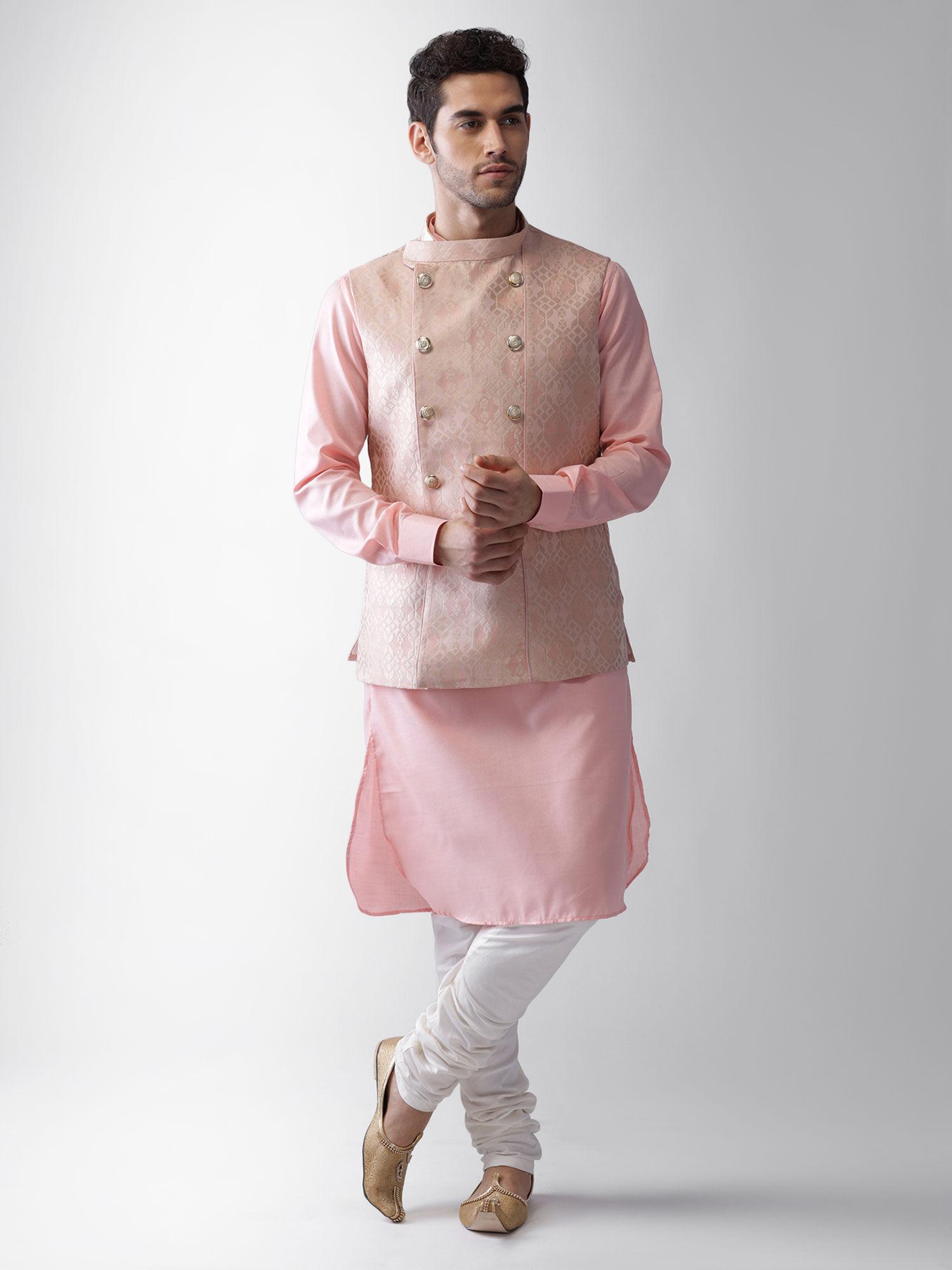 men pink kurta jacket (set of 3)