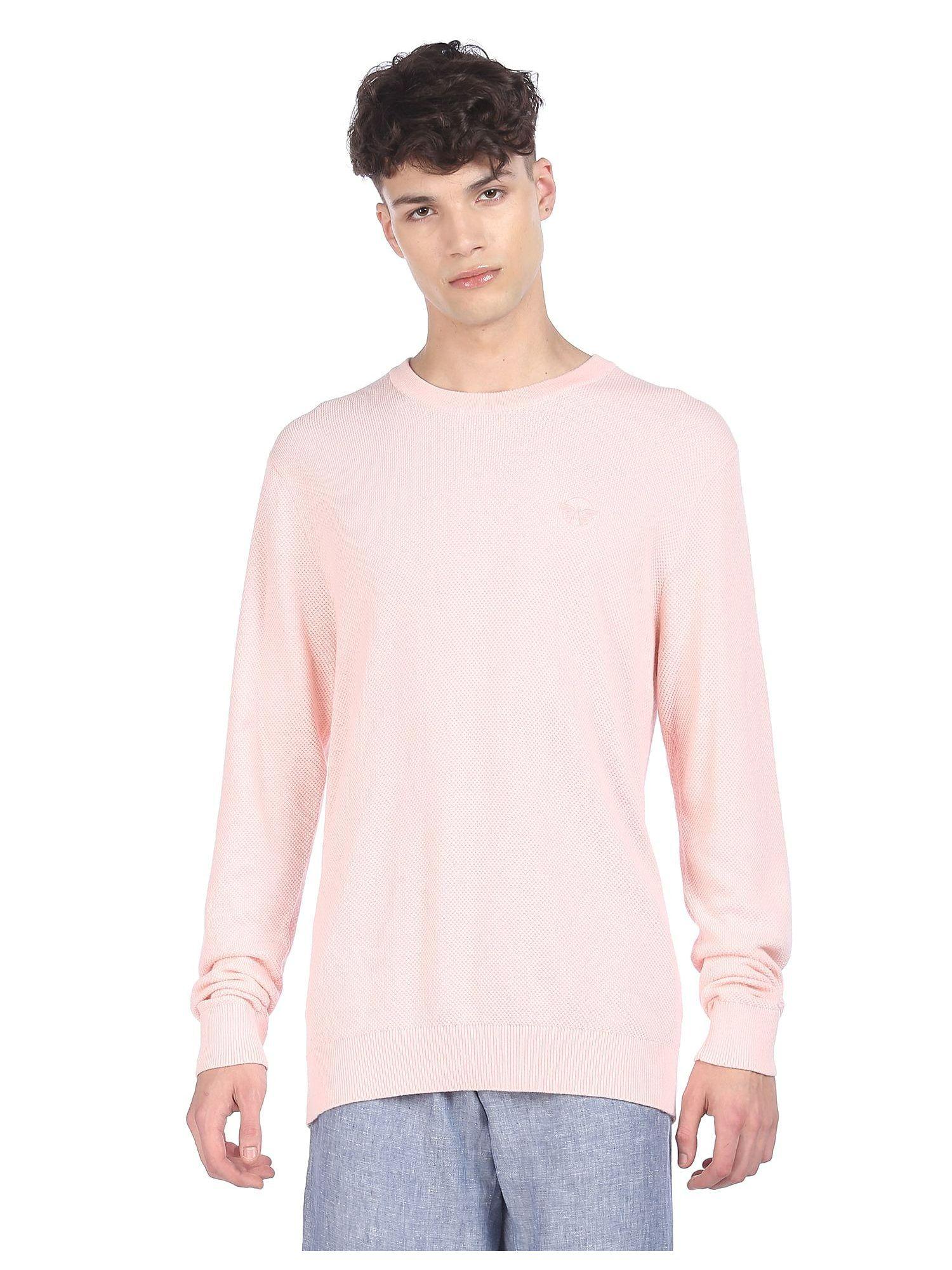 men pink long sleeve crew neck sweater