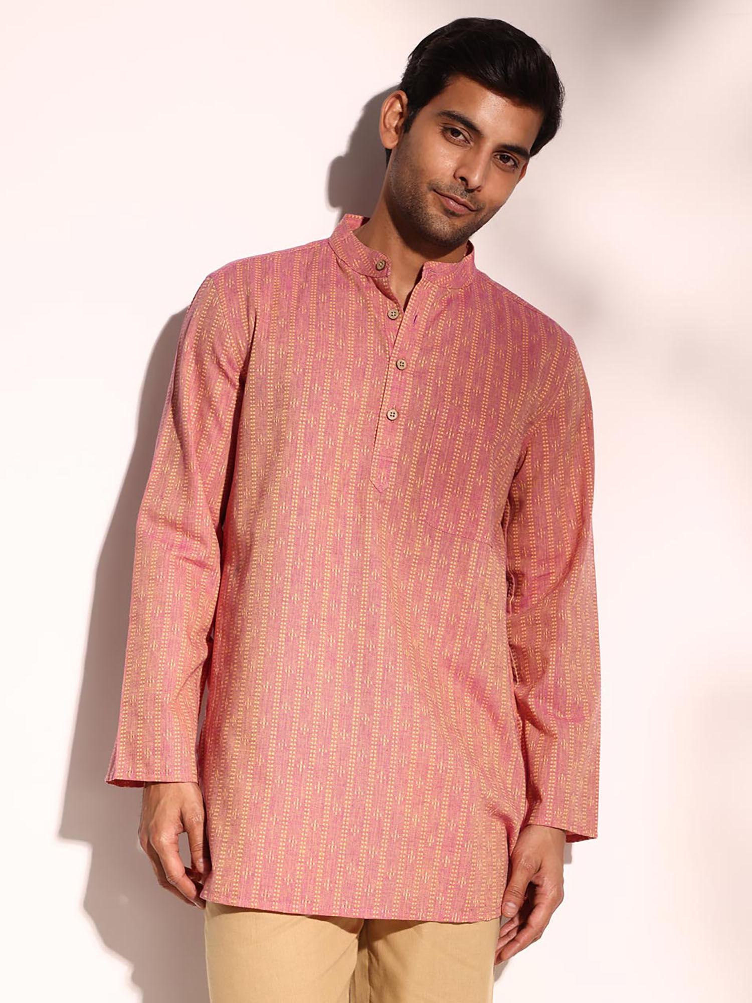 men pink mandarin collar long sleeves kurta