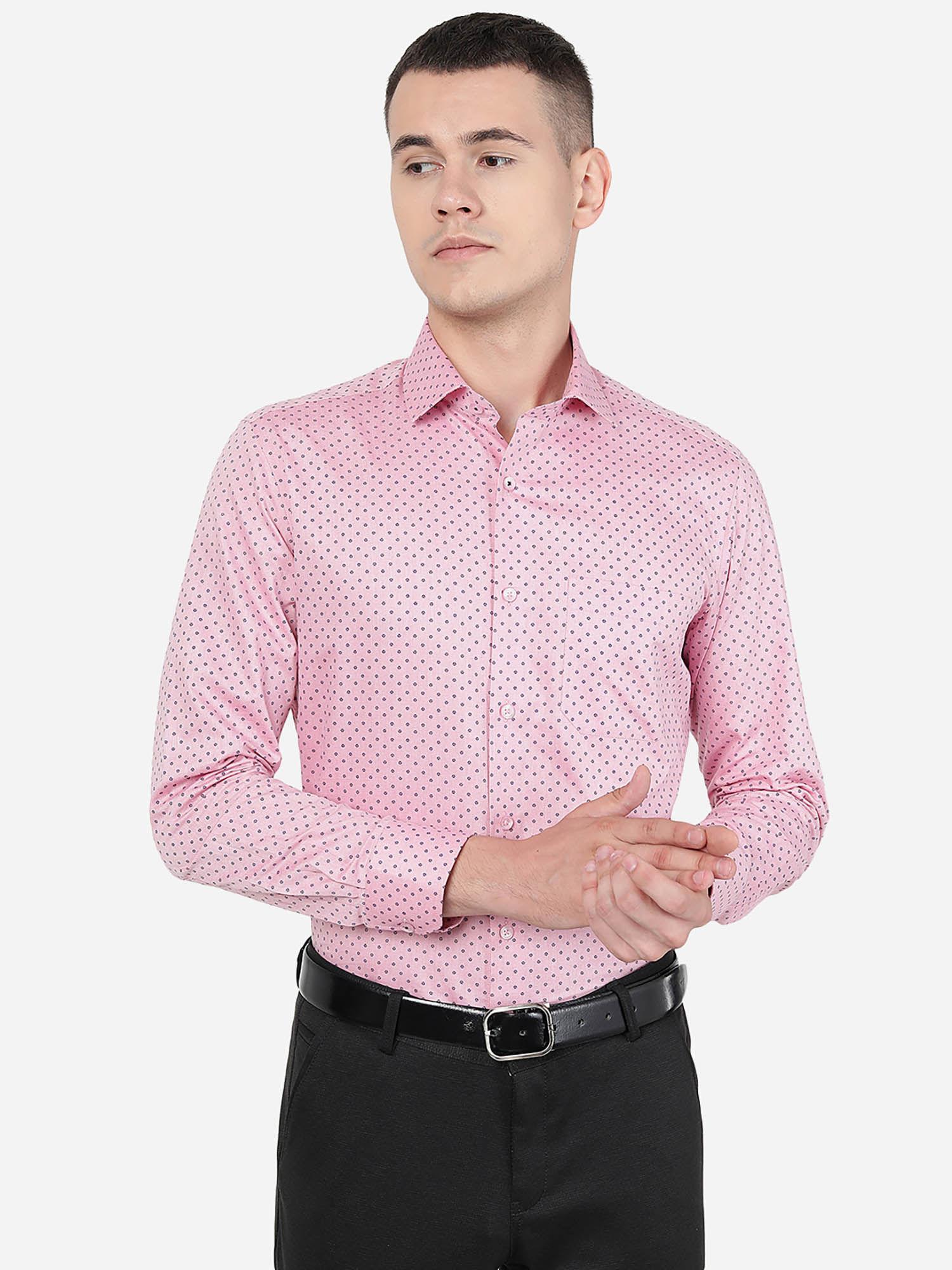 men pink poly viscose slim fit printed formal shirt