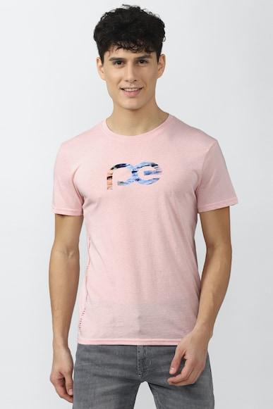 men pink print crew neck round neck t-shirts