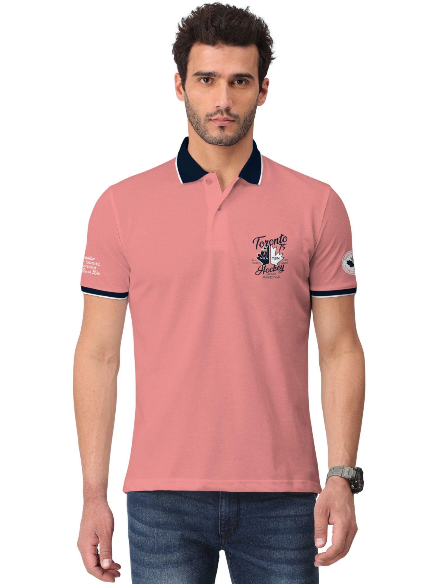 men pink printed half sleeve polo t-shirts