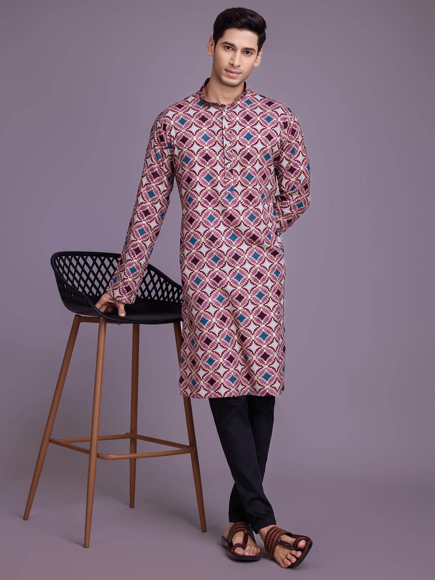 men pink rayon printed stitched kurta