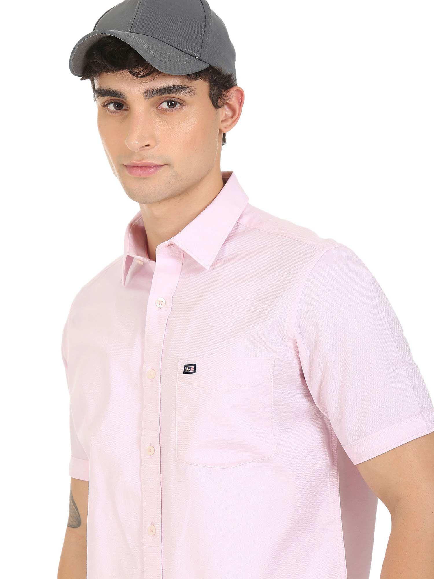 men pink short sleeve patterned casual shirt