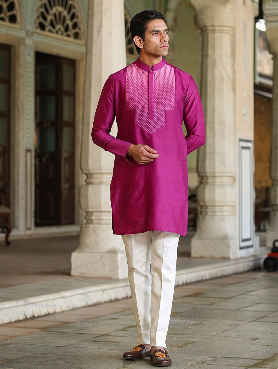 men pink silk embellished mandarin collar regular fit kurta