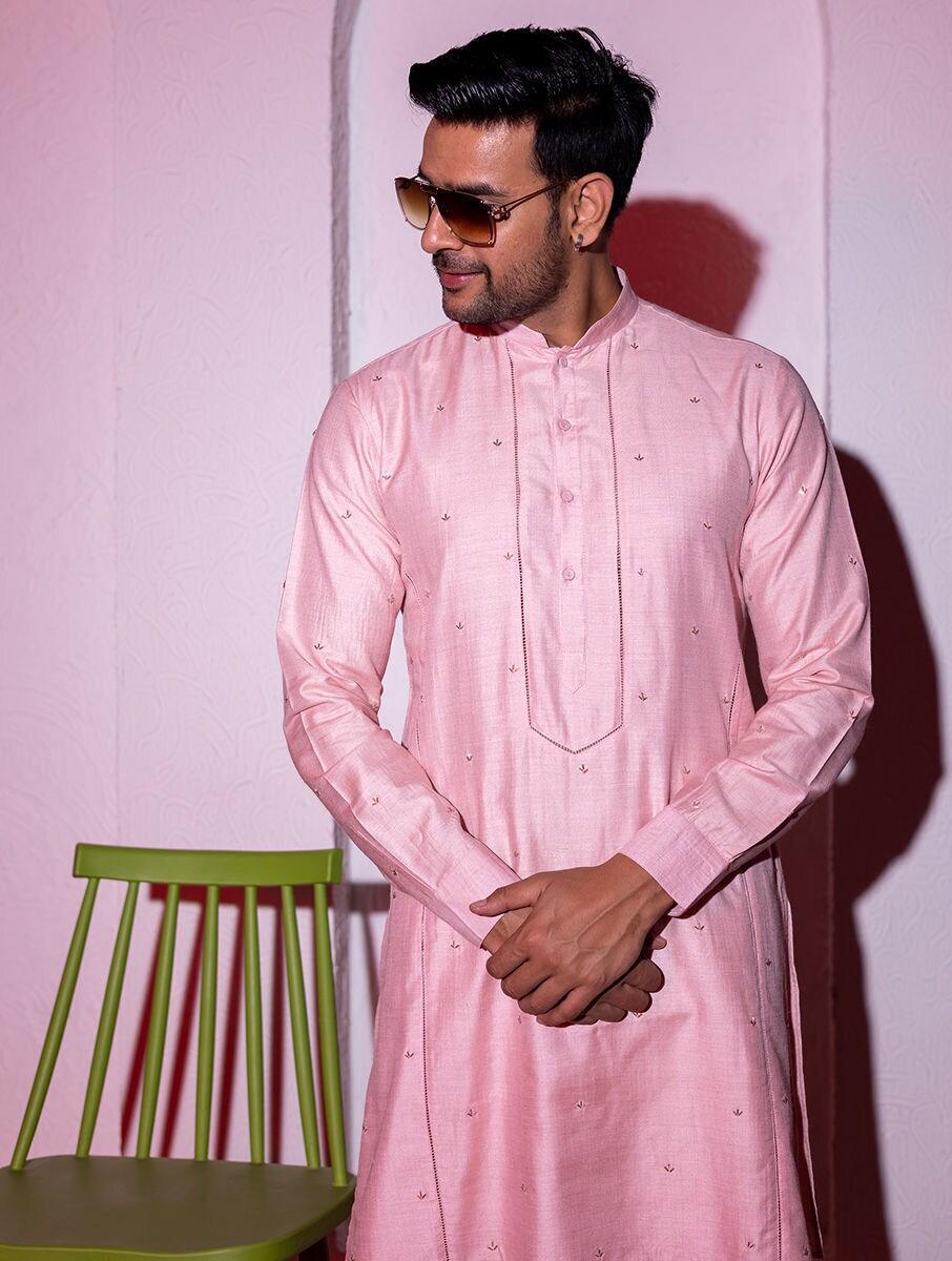 men pink silk embellished mandarin collar regular fit kurta