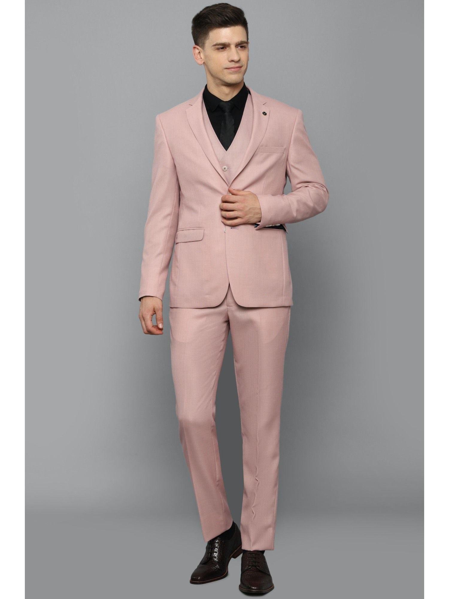 men pink slim fit solid formal three piece suit (set of 3)