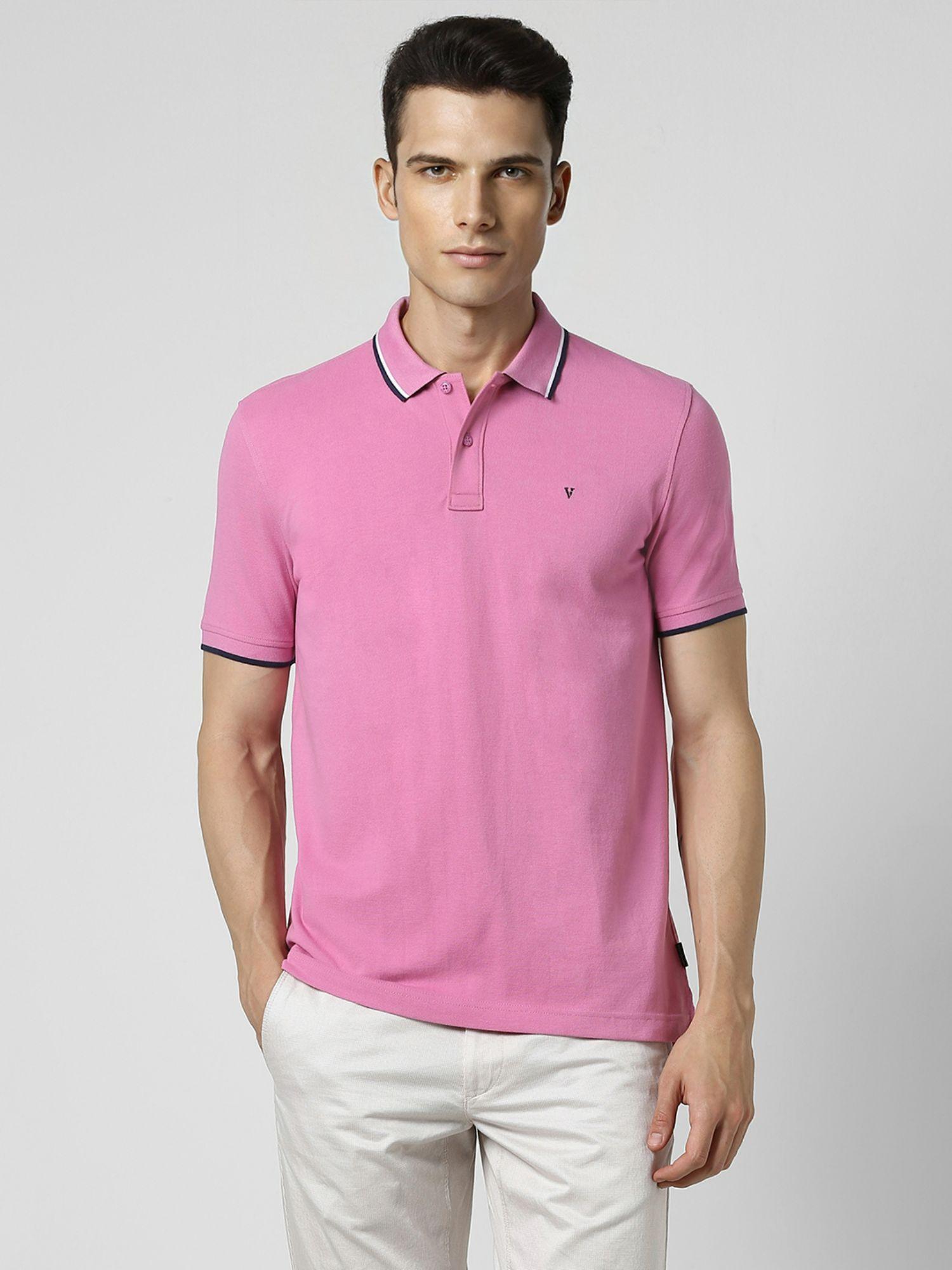 men pink solid collar neck polo t-shirt