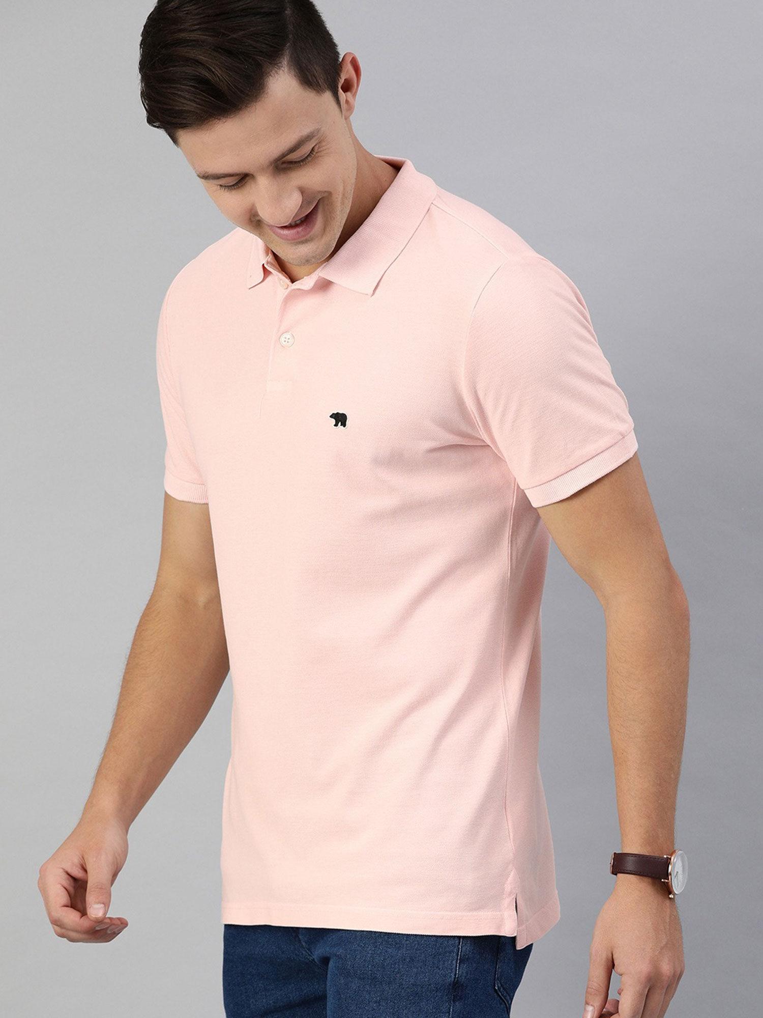 men pink solid polo collar t-shirt