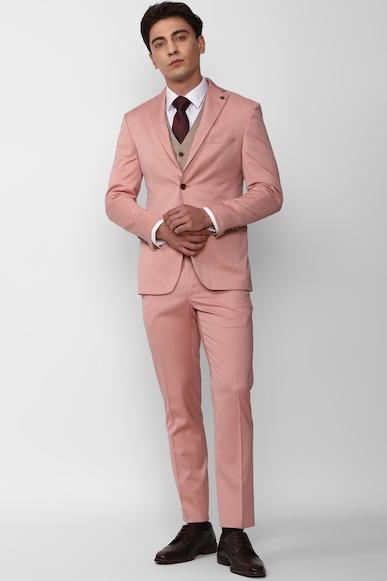 men pink solid slim fit party three piece suit
