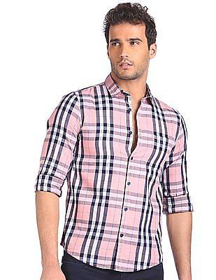 men pink spread collar check shirt