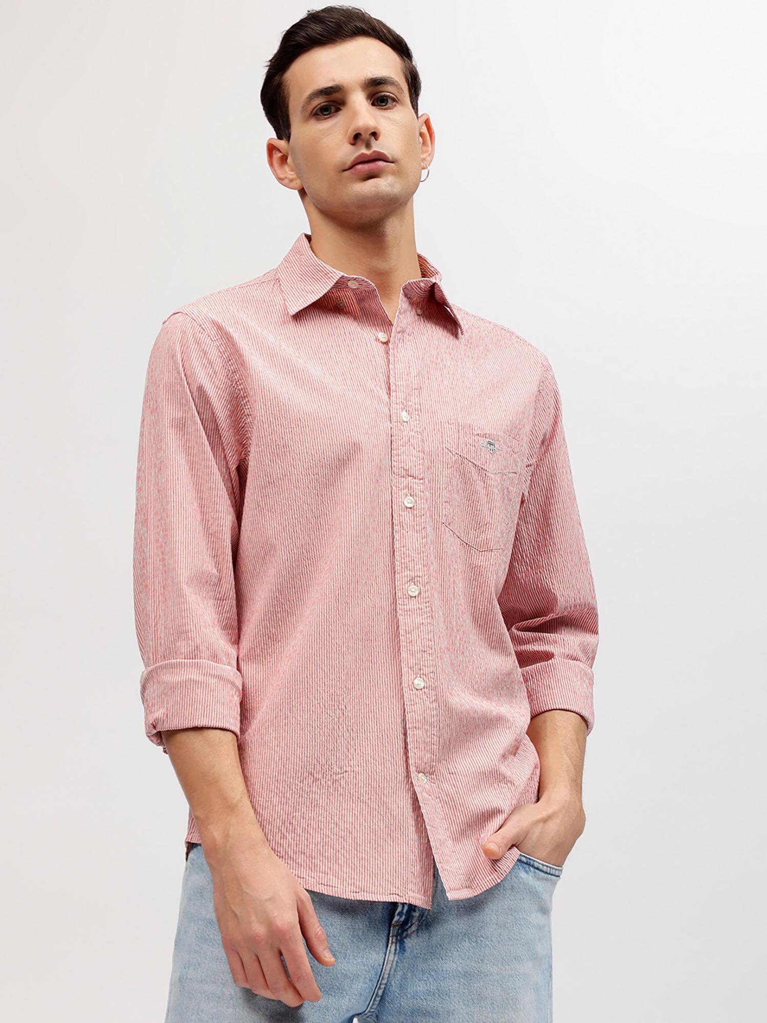 men pink striped button-down collar full sleeves shirt