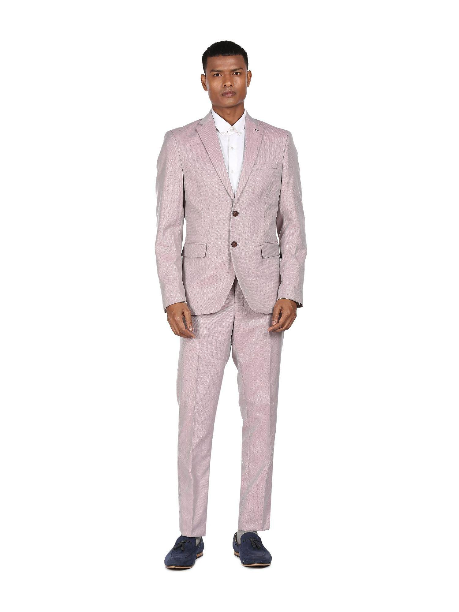 men pink tailored regular fit patterned formal two piece suit