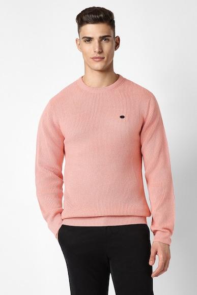 men pink textured crew neck sweater