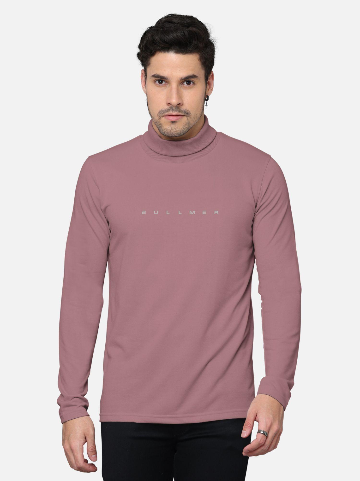 men pink turtle neck full sleeve solid t-shirt