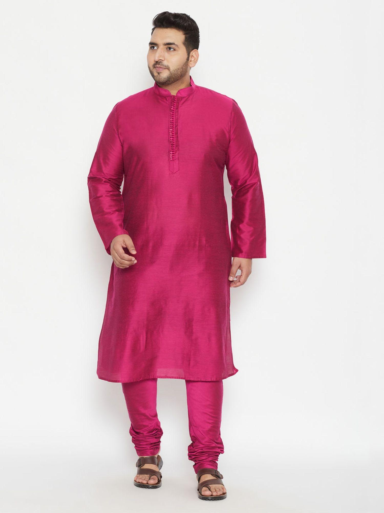 men pink viscose blend kurta