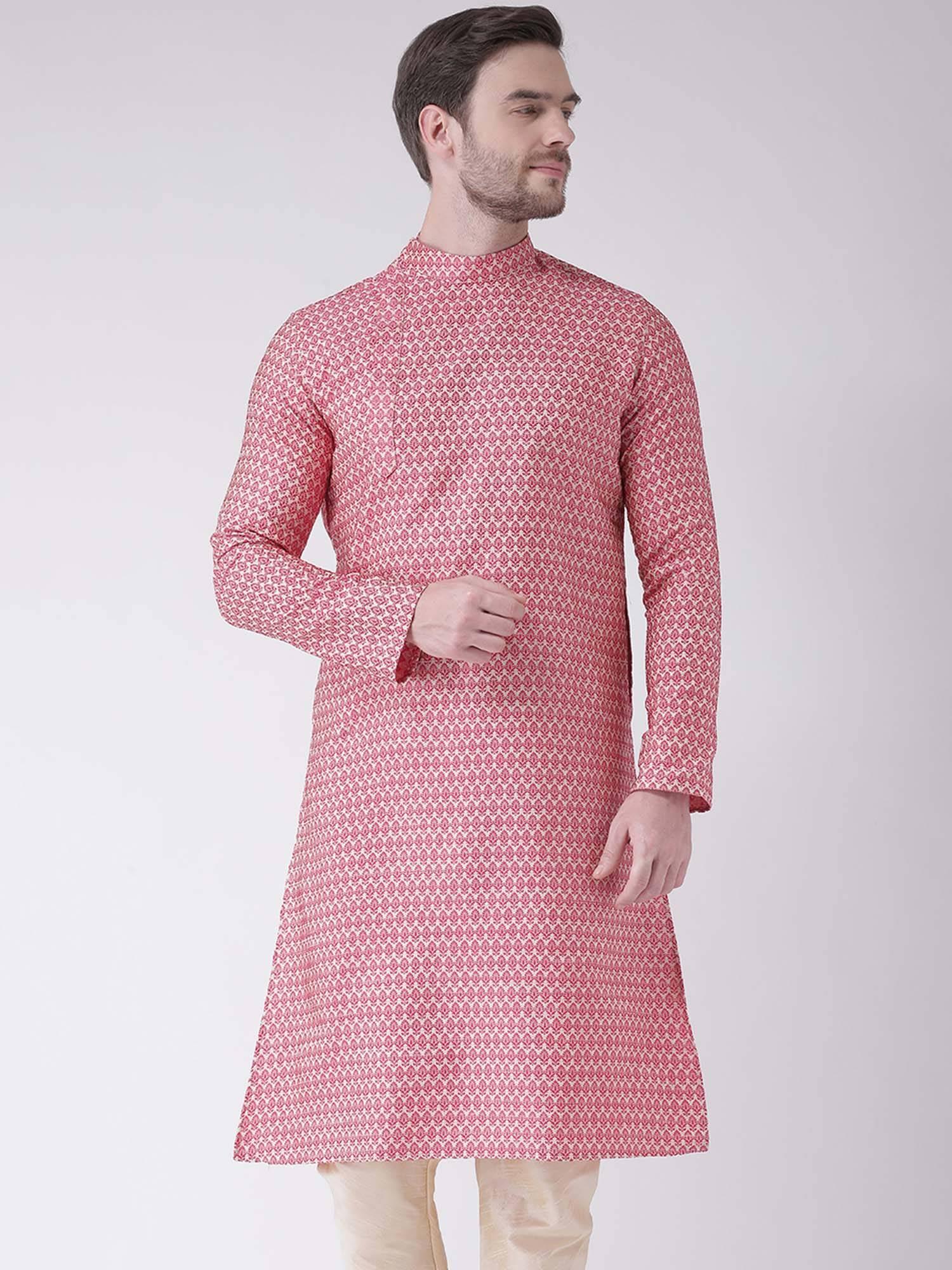 men pink woven design straight kurta