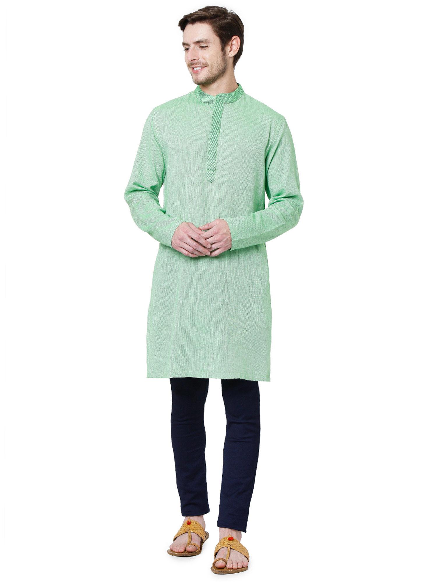 men pista green cotton embroidered knee length kurta