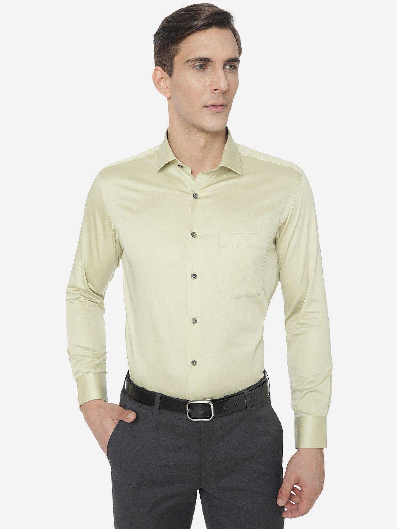 men pistachio cotton blend slim fit solid formal shirt