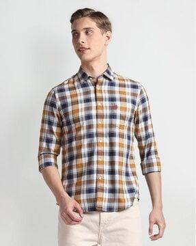 men plaid checked slim fit shirt with patch pocket