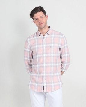 men plaid checked slim fit shirt