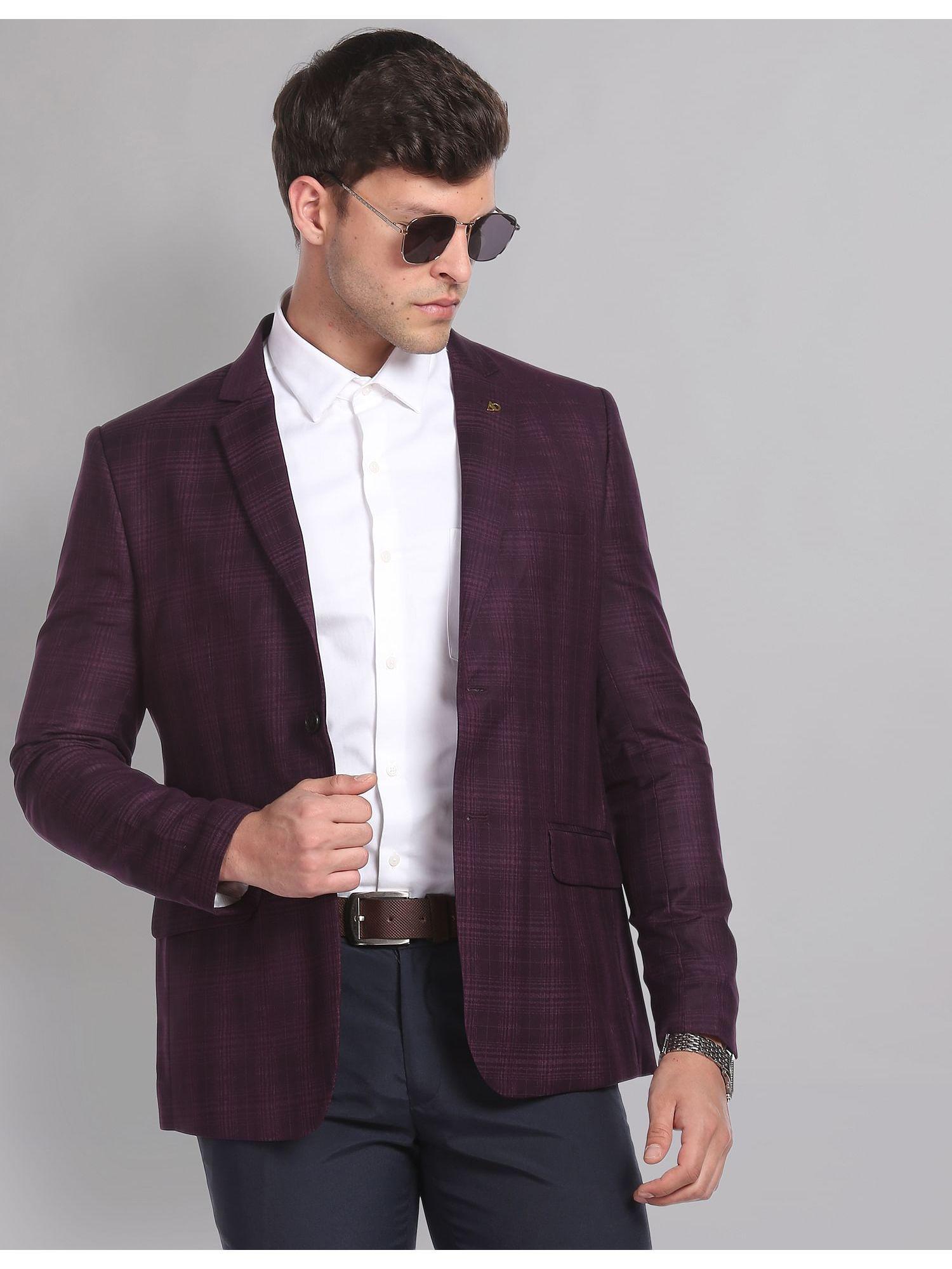 men plum plaid check patterned weave formal blazer