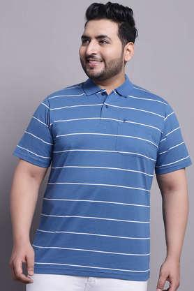 men plus size striped polo neck cotton blue t-shirt with pocket - indigo