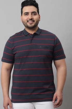 men plus size striped polo neck cotton grey t-shirt with pocket - dark grey