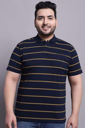 men plus size striped polo neck cotton navy t-shirt with pocket - navy
