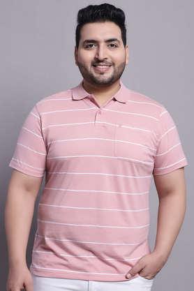 men plus size striped polo neck cotton pink t-shirt with pocket - rose gold