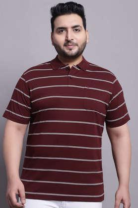 men plus size striped polo neck cotton wine t-shirt with pocket - wine