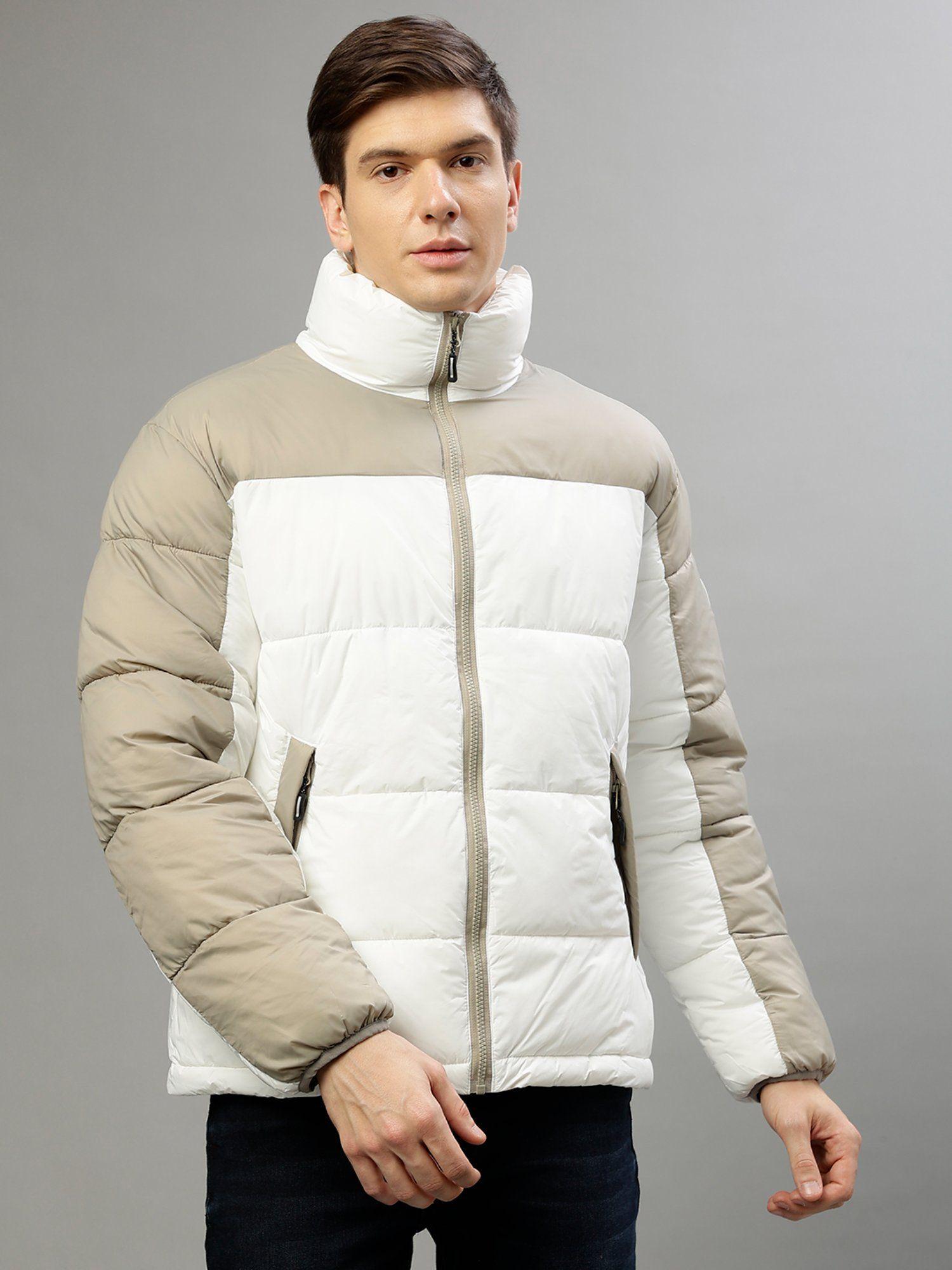 men polyamide color blocked white-beige jacket