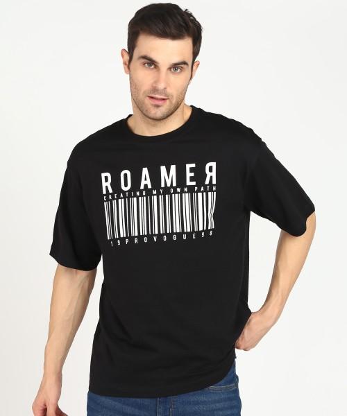 men printed, typography round neck cotton blend black t-shirt