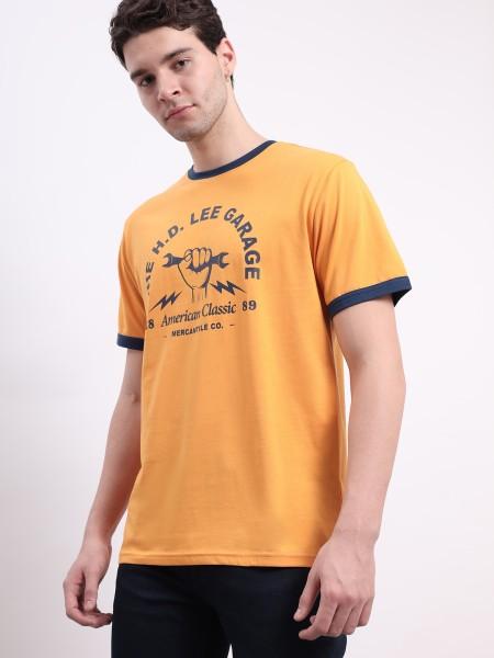 men printed, typography round neck cotton blend orange t-shirt