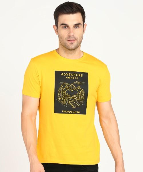 men printed, typography round neck cotton blend yellow t-shirt