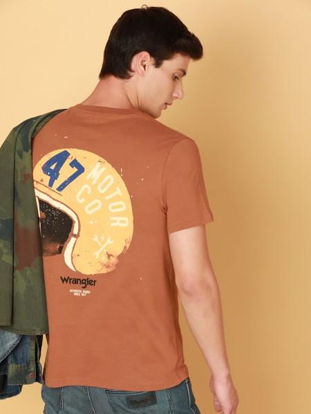 men printed, typography round neck pure cotton brown t-shirt