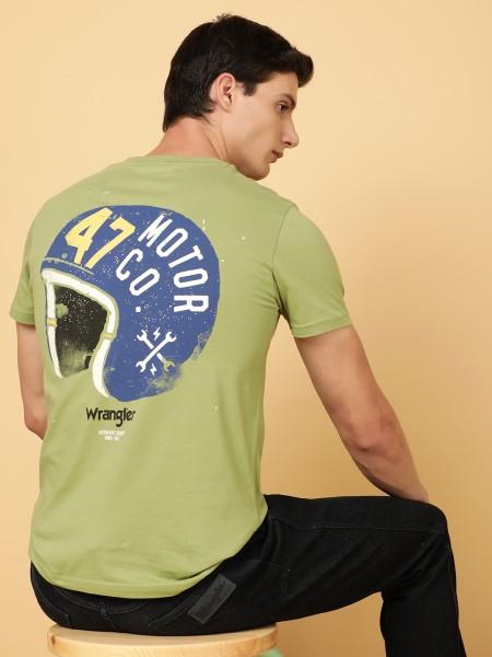 men printed, typography round neck pure cotton green t-shirt