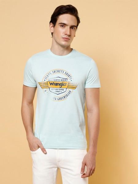 men printed, typography round neck pure cotton light blue t-shirt