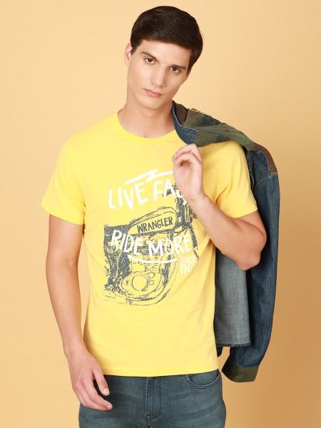 men printed, typography round neck pure cotton yellow t-shirt