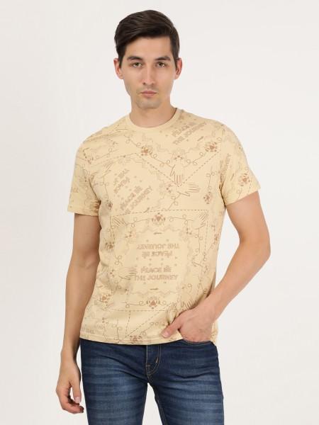 men printed crew neck pure cotton beige t-shirt