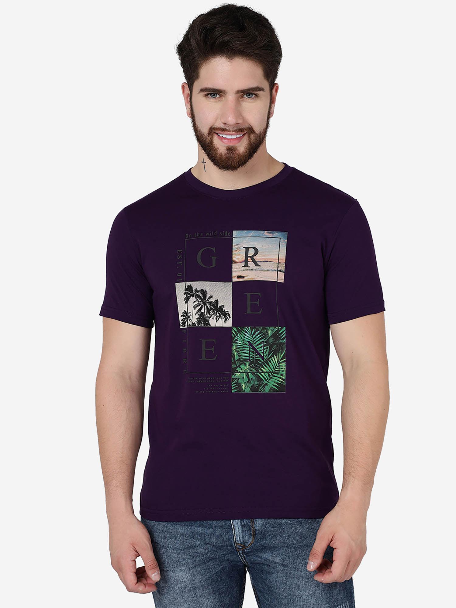men printed grape purple cotton blend slim fit t-shirt