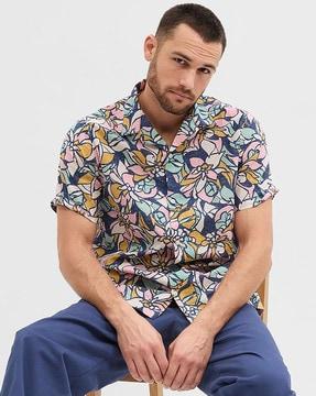 men printed linen shirt with short sleeves
